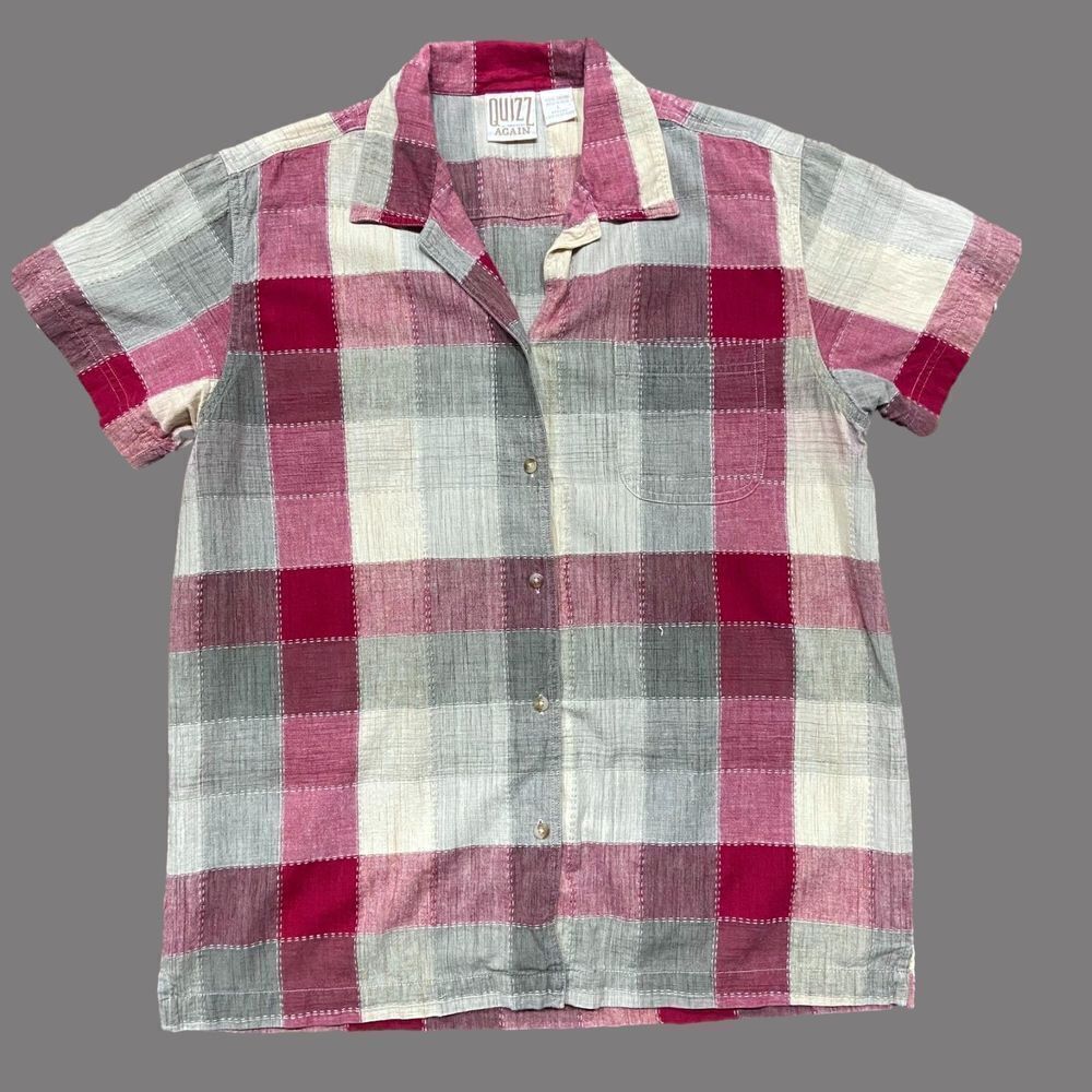 Quizz Again Vintage Western Checkered Cream Red Button Front Shirt Women's Large